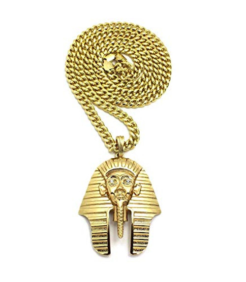 BLINGFACTORY 14K Gold PT Egyptian Pharaoh King TUT Pendant  and  6mm 30 inch Cuban Chain Necklace