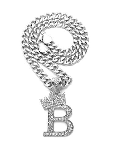 BLINGFACTORY Hip Hop White Gold PT Iced Alphabet Crowned B Pendant  and  18 inch Cuban Choker Chain Bling Necklace