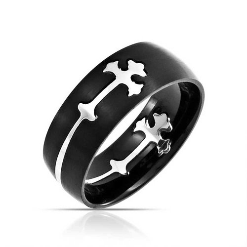 Bling Jewelry Mens Religious Maltase Fleur De Lis Cross Black Puzzle Wedding Band Ring for Men Silver Tone Stainless Steel