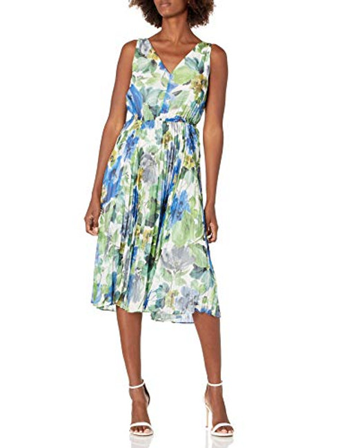 Maggy London Women s Printed Sleeveless Pleated Fit and Flare  Soft White Cobalt  8