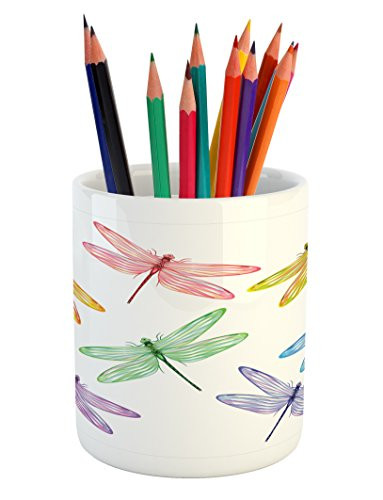 Lunarable Dragonfly Pencil Pen Holder, Group of Dragonflies with Colored Patches Elongated Body Winged Animal Design, Printed Ceramic Pencil Pen Holder for Desk Office Accessory, Multicolor