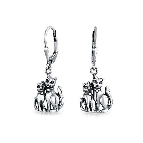 Pets 2 Kitten Kitty Dangling Leverback Dangle Cat Earrings For Women For Teen Oxidized 925 Sterling Silver