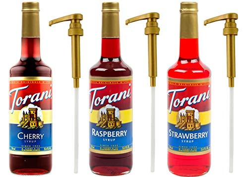 Torani Fruit Flavors 3 Pack and 3 Torani Syrup Pumps Cherry Raspberry Strawberry 25.4 Ounces Each Torani Fruit Flavors 3 Pack and 3 Torani Syrup Pumps Cherry Raspberry Strawberry 25.4 Ounces Each