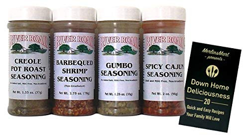 River Road by Fiesta Cajun Seasoning Favorites 4 Flavor Variety Plus Recipe Booklet Bundle  1 each  BBQ Shrimp  Creole Pot Roast  Gumbo  Spicy Cajun -1.25-2.75 Ounces-