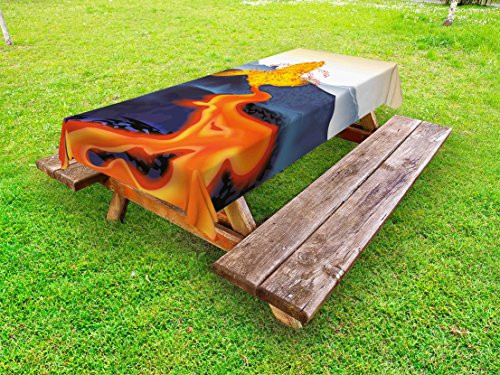 Lunarable Volcano Outdoor Tablecloth, Vibrant Graphic Display of Eruption Natural Disaster Molten Hot Lava, Decorative Washable Picnic Table Cloth, 58 X 84 Inches, Cadet Blue Scarlet Yellow