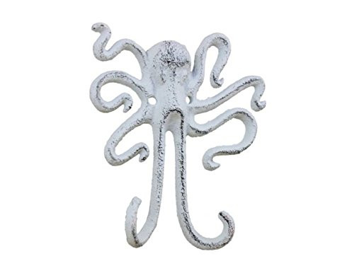 Hampton Nautical Rustic Whitewashed Cast Iron Decorative Wall Mounted Octopus Hook  7 inch