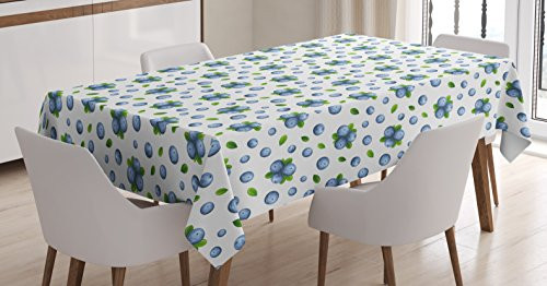 Kitchen Wall Tablecloth by Ambesonne, Fresh Blueberries Ripe Juicy Fruits Summer Organics Food Painting Style, Dining Room Kitchen Rectangular Table Cover, 60W X 84L Inches, Blue Green White