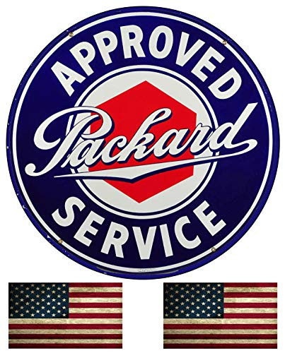 Packard Approved Service Insignia Emblem Seal Vintage Gas Signs Reproduction Car Company Vintage Style Metal Signs Round Metal Tin Aluminum Sign Garage Home Decor With 2 American Flag Vinyl Decals