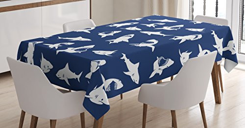 Shark Tablecloth by Ambesonne, Shark Pattern with Various Gestures Have A Bite Danger Humor Nautical Design, Dining Room Kitchen Rectangular Table Cover, 60 W X 84 L Inches, Violet Blue White Shark Tablecloth by Ambesonne, Shark Pattern with Various Gestures Have A Bite Danger Humor Nautical Design, Dining Room Kitchen Rectangular Table Cover, 60 W X 84 L Inches, Violet Blue White