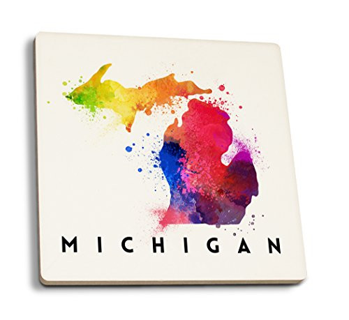 Lantern Press Michigan - State Abstract Watercolor -Set of 4 Ceramic Coasters - Cork-Backed  Absorbent-