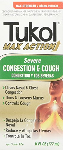 TUKOL Max Action Severe Cough and Congestion Cold Syrup - Maximum Strength  Fast Acting Formula  Cough Suppressant and Nasal Decongestant Multi-Symptom Cold Relief  6 fl. oz.