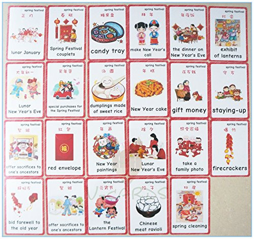 SANTSUN 22 Spring Festival Flashcards and Spring Festival Chinese New Year Chinese Lunar New Year Expression English Flash Card Teaching aid