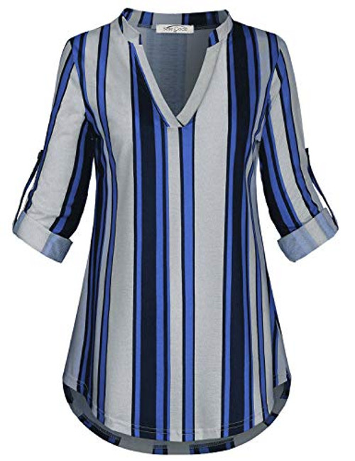 SeSe Code Business Casual Clothes for Women Henley Shirts Juniors Long Sleeve Tops Notch V Neck Stripe Work Office Top Large