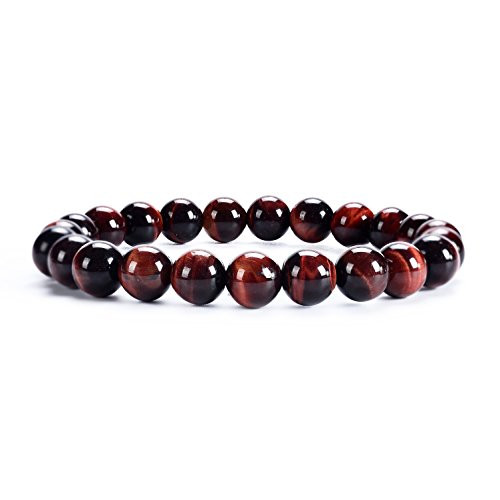 Cherry Tree Collection Natural Semi-Precious Gemstone Beaded Stretch Bracelet 8mm Round Beads 7 inch -Red Tiger s Eye-