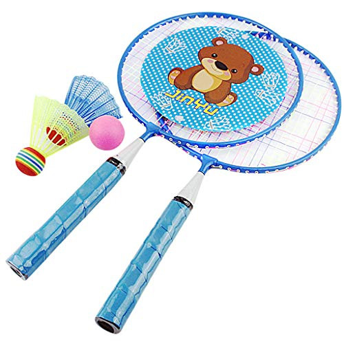 FeiFei66 Children s Beginners Trainer Exercise Badminton Racket Set  Portable Outdoor Badminton Combination Set Badminton System  Suitable for Family Playing Lawn Or Beach Game Set -Blue-