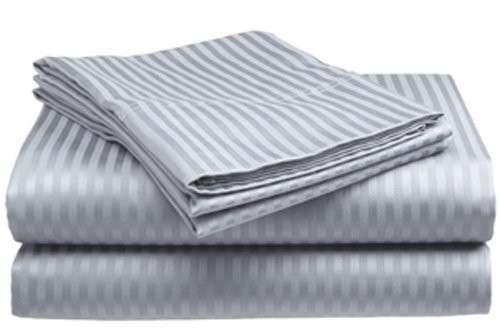 Crystal Trading 4-Piece Bed Sheet Set - Dobby Stripe - 100 percent  Cotton Sateen - 400 Thread Count -Silver  King-