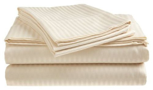 Crystal Trading 4-Piece Bed Sheet Set - Dobby Stripe - 100 percent  Cotton Sateen - 400 Thread Count -Beige  King-
