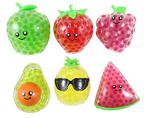 Curious Minds Busy Bags Small Fruit Water Bead Filled Squeeze Stress Balls with Faces - Sensory  Stress  Fidget Toy - Pineapple  Strawberry  Avocado  Watermelon  Apple  Grapes