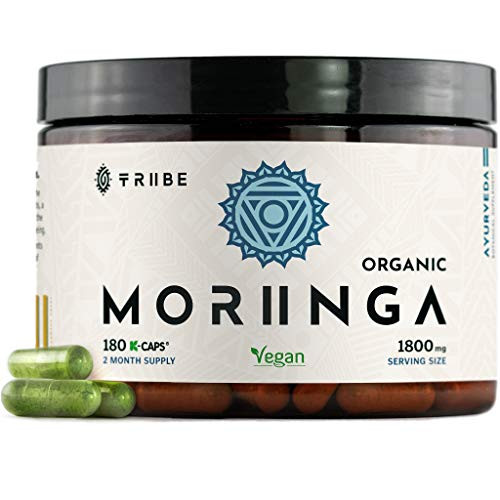 Organic Moringa Oleifera 180 Vegan Capsules - 100 percent  Pure Leaf Powder NO Additives - 600mg Capsule - 1800mg Serving - Green Superfood Supplement Vitamins Nutrients - Boost Energy Improve Brain Function