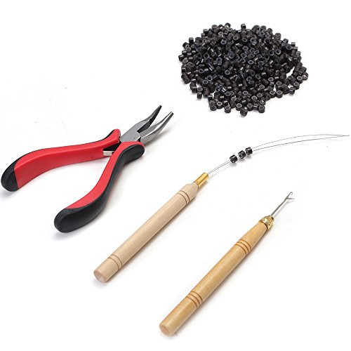 3 Pc Kit Hair Extension Tool for Micro Ring Link Hair and Feather Extensions Pliers  Micro Pulling Needle  and Loop Threader With 500Pcs 5mm Micro Silicone Rings Beads -Dark Brown-