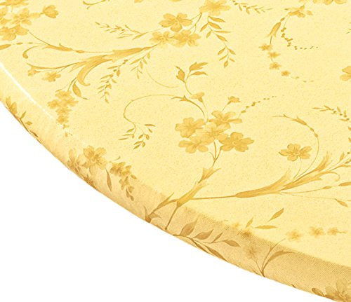 Miles Kimball Floral Swirl Vinyl Elasticized Table Cover  45 - 56 Inch Dia Round  Yellow