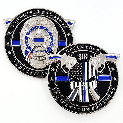 Punisher Thin Blue Line, Blue Lives Matter Law Enforcement Officers Military Police NYPD Challenge Coin with Unique Serial Numbers