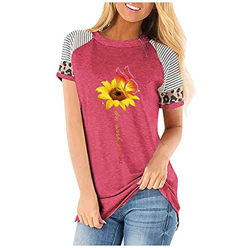 Hotkey Womens Blouse  Women s Lightweight Leopard Stripe Color Block Sunflower Short Sleeve Loose Fit Tunics Tops Shirts Hot Pink