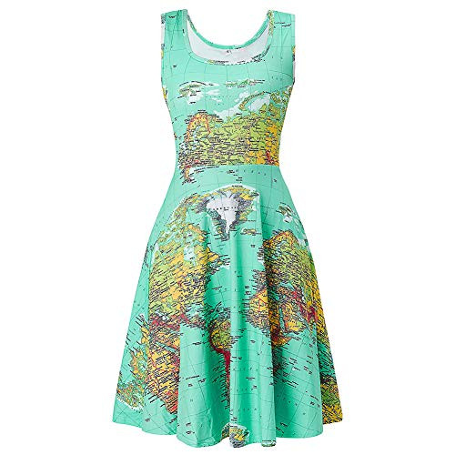 Fanient Women s World Map Dress A Line Sleeveless Vintage Dress Summer Fun Midi Dress L