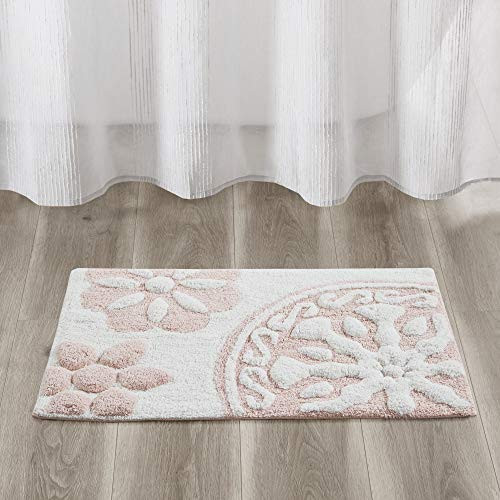 Madison Park Casablanca 100 percent  Cotton Bathroom Rug Non Slip Backing - Luxrurious Tufted Plush Bath Mat Absorbent  Quick Dry  Medallion Design Shower Room Decor  Rectangle 20 inch x 30 inch  Pink