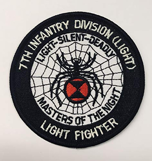 7th Infantry Division - Small 3 1 2 inch - Black Widow Embroidered Patch - Wax Backing - Merrowed Edge - Fort Ord  California - Light Infantry - Light  Silent  and Deadly