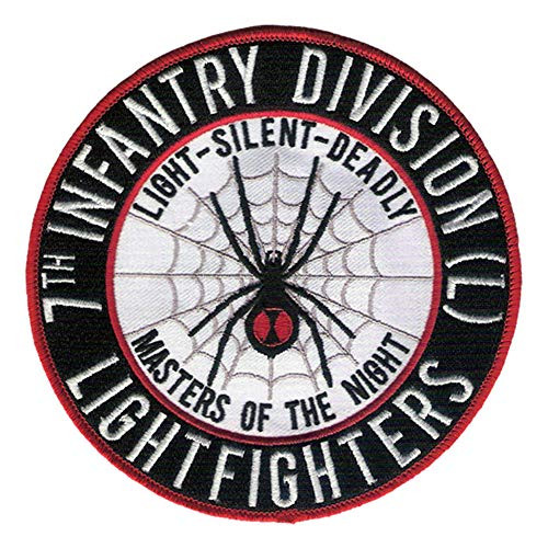 7th Infantry Division Embroidered Back Patch - Lightfighter - 8 1 2 inch Black Widow Embroidered Patch - Wax Backing  merrowed Edge - 1st Light Infantry Division in The US Army - Operation Just Cause