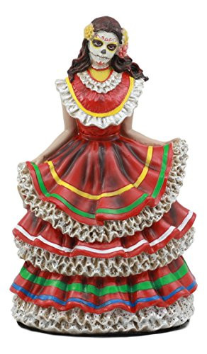 Ebros Dia De Los Muertos Day Of The Dead Traditional Red Gown Dancer Statue Sugar Skull Vivas Calacas Figurine