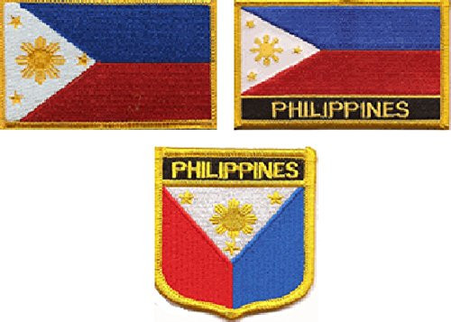 3 Pack Set of Philippines Flag Patches  Contains Patch with Name  Without Name and a Shield Patch  Filipino Embroidered Iron On or Sew On Flag Patch Emblems