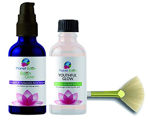 Planet Eden 30 percent Glycolic Acid Skin Chemical Peel Kit with Hyaluronic Acid and 2.5 percent Retinol Serum and Fan Brush - Clinical Grade for Dark Spot Correcting Acne Scars Wrinkles Fine Lines Sun Damaged Planet Eden 30 percent Glycolic Acid Skin Chemical Peel Kit with Hyaluronic Acid and 2.5 percent Retinol Serum and Fan Brush - Clinical Grade for Dark Spot Correcting Acne Scars Wrinkles Fine Lines Sun Damaged
