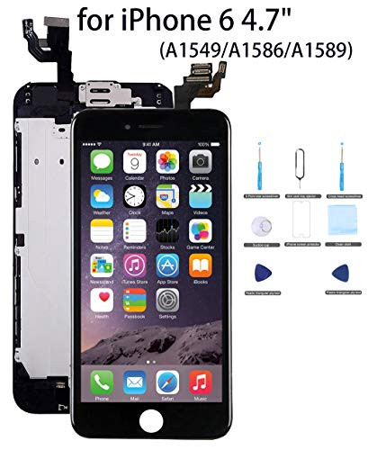for iPhone 6 Screen Replacement Black - 4.7" LCD Display Screen Touch Digitizer Assembly Replacement,Attached [Proximity Sensor, Ear Speaker, Front Camera],with Screen Protector, Repair Tools