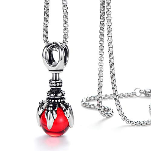 Mens Stainless Steel Pendant Necklace Dragon Claw Glass Bead Pendant with 24 Inches Chain  Red