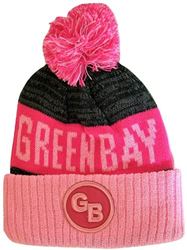 Green Bay GB Patch Ribbed Cuff Knit Winter Hat Pom Beanie -Pink Hot Pink Patch-