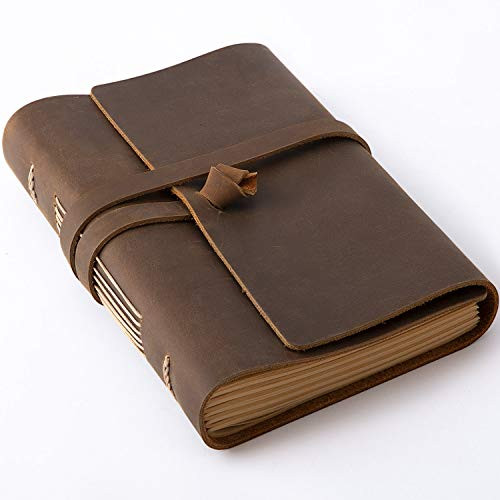 Hotcinfin Leather Journal Writing Notebook-6x8-  Rustic Handmade Large Genuine Leather Bound Journals for Men and Women -288 Pages Kraft Lined Paper  Leather Book Travel Diary Notebook  Brown
