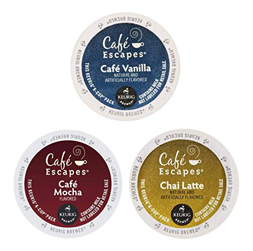 Cafe Escapes Coffee K-Cups Variety Pack - 3 Flavors - Cafe Vanilla -12 Ct X 0.49 Oz-  Plus  Cafe Mocha -12 Ct X 0.52 Oz-  Plus  Chai Latte -12 Ct X 0.49 Oz - - 36 Single Serving Pods For All Keurig Brewers