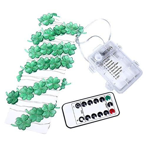 St. Patricks Day Four-Leaf Clover String Lights Shamrock Fairy Irish Decorations String Light 13ft 40LEDs Battery Powered Remote  and  Timer Spring Home Party Light String for Outdoor  and  Indoor -Green-