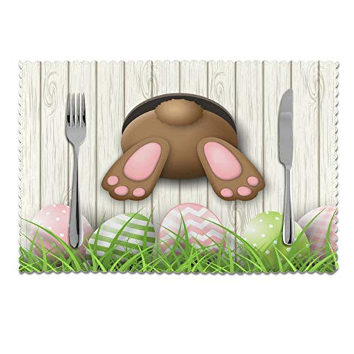 Easter Bunny Wooden Eggs Placemats Set of 4  Non Slip Heat-Resistant Washable Table Place Mats for Kitchen Dining Home Decoration  12 x 18 Inch