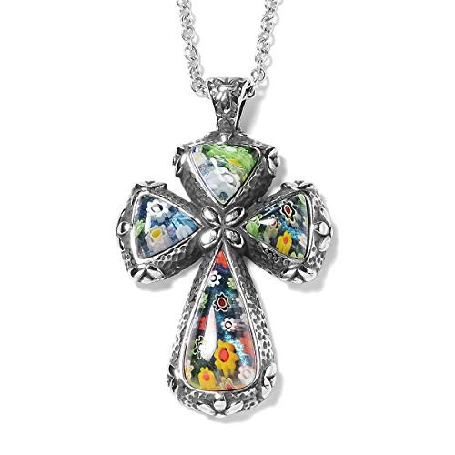 Shop LC Delivering Joy Black Oxidized Multi Color Cross Chain Pendant Necklace Stainless Steel Murano Millefiori Glass Fashion Jewelry for Women Size 20 inch