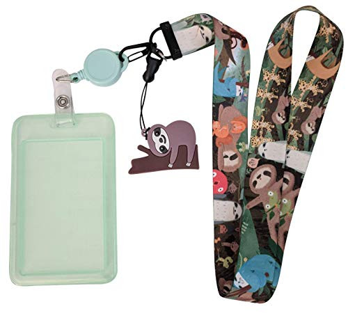 Sloth Print Lanyard w ID Badge Holder and Charm -Retractable-