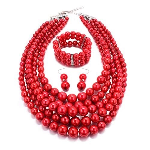 Women Multi Layer Faux Pearl Costume Jewelry Sets Simulated Pearl Strand Necklace Earrings and Bracelet -Red- Women Multi Layer Faux Pearl Costume Jewelry Sets Simulated Pearl Strand Necklace Earrings and Bracelet -Red-
