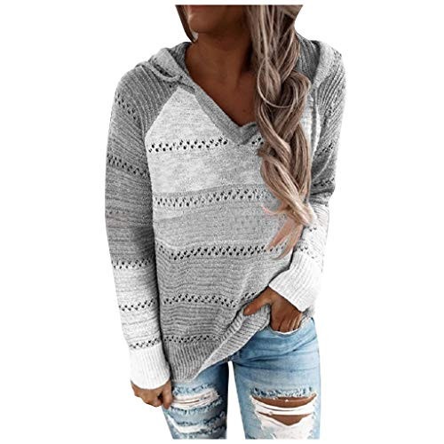 Fudule Womens Color Block Hoodies Lightweight Knit Sweaters Long Sleeve Casual Striped V Neck Pullovers Sweatshirts Tops