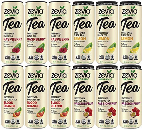 ZEVIA Variety Pack -12 Count- Organic Black Raspberry  Blood Orange Tea  Caffeine Free Lemon  Caffeine Free Hibiscus Tea Passionfruit. Zero Calories  No Artificial Sweeteners