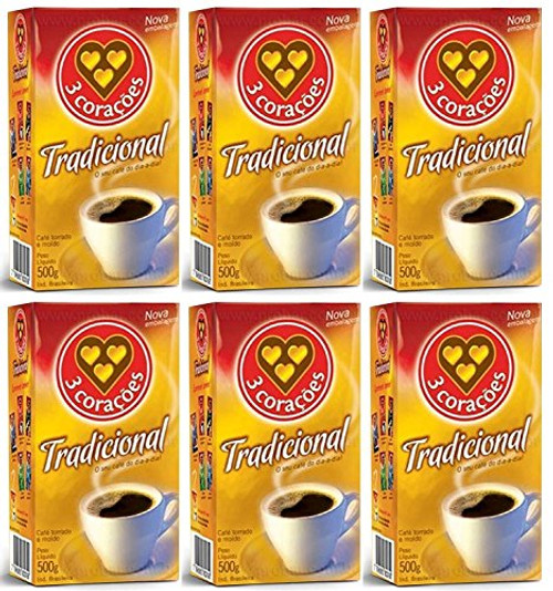 3 Coracoes Traditional Coffee 17.6oz - Cafe Tradicional 500g -Pack of 6-