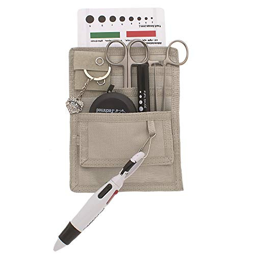 4 Pockets Nurse Organizer Pouch  Stainless Steel  Plus  Black Tools - Medical Instrument Organizer w Lister Scissors  LED Penlight  Eye Chart  Chart Pen  Plus  More - AsaTechmed -Light Grey-
