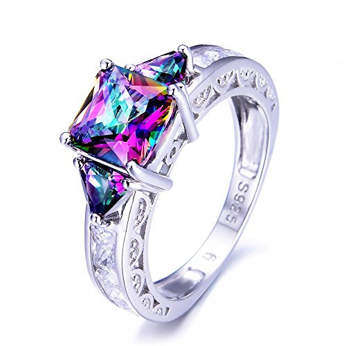 iGEM 925 Sterling Silver Princess Cut Rainbow Mystic Topaz Ring Wedding Band -5-