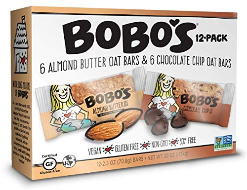 Bobo s Oat Bar -Variety pack  12 Pack of 2.5 oz Bars-  Chocolate Chip and Almond Butter  Gluten Free  Whole Grain Snack Bar  Great Tasting  Vegan  On-The-Go Snack.